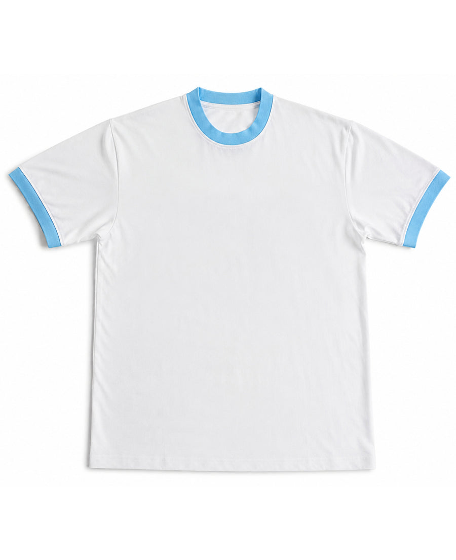 White & Sky Blue Ringer tee Front Design