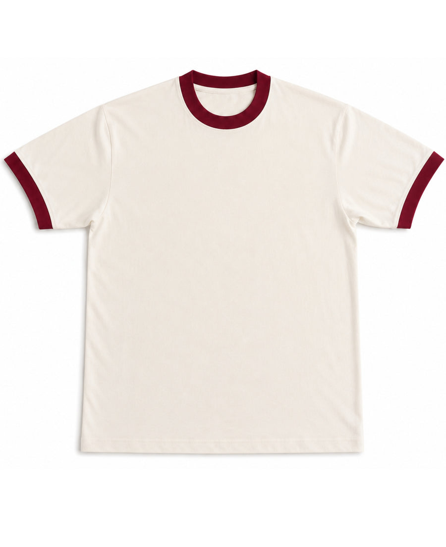 Off White & Maroon Ringer tee Front Design